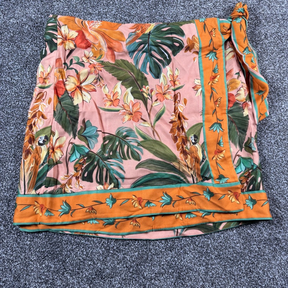 Farm Rio Wrap Mini Skirt Women Large Orange Tropical Macaw Bird Passarinho New‎